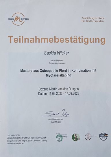 Masterclass Ostheopathie und Myofaszialtaping Pferd 15.09.2023